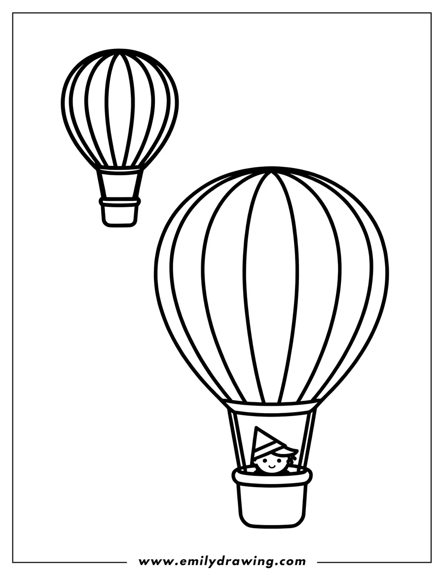 Line art of a child with a pointed hat waving from the basket of a hot air balloon. Another empty balloon floats in the background.