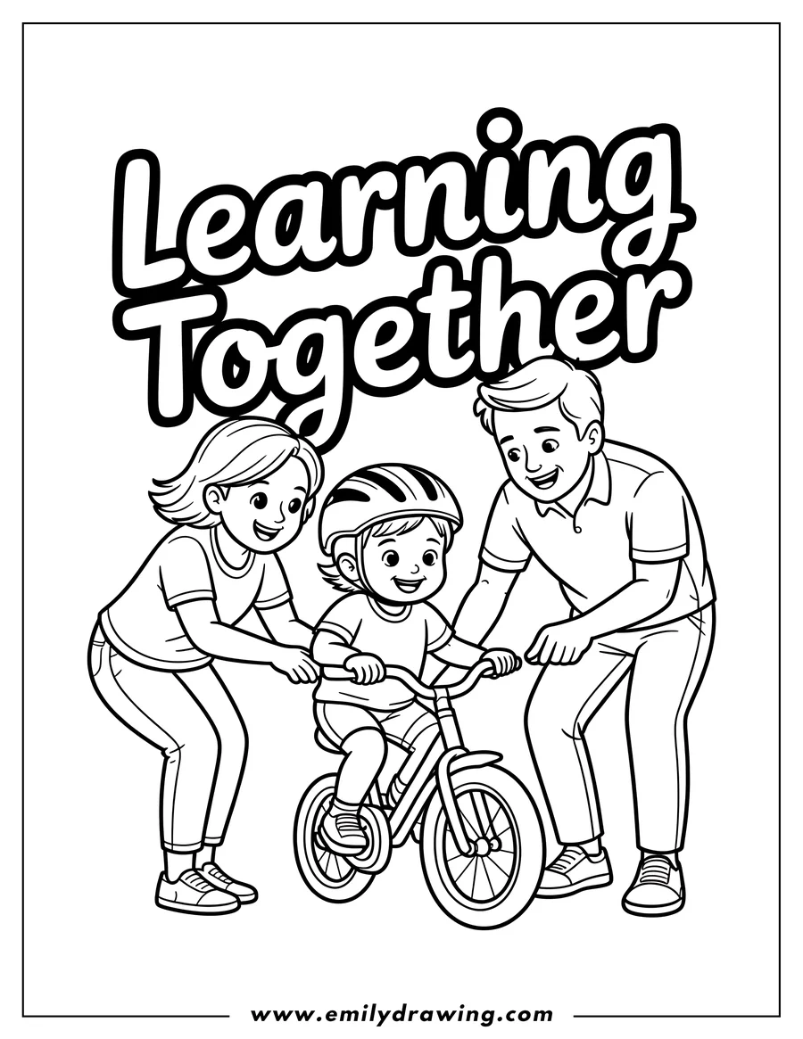 Outline of a child learning to ride a bicycle with their parents supporting them. The child is wearing a helmet.