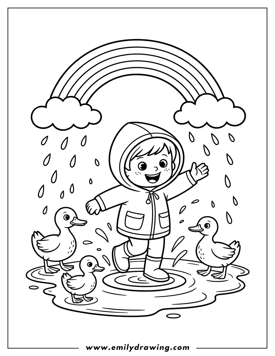 Line art of a child wearing a raincoat and boots, playing in puddles with three ducklings under a rainbow.
