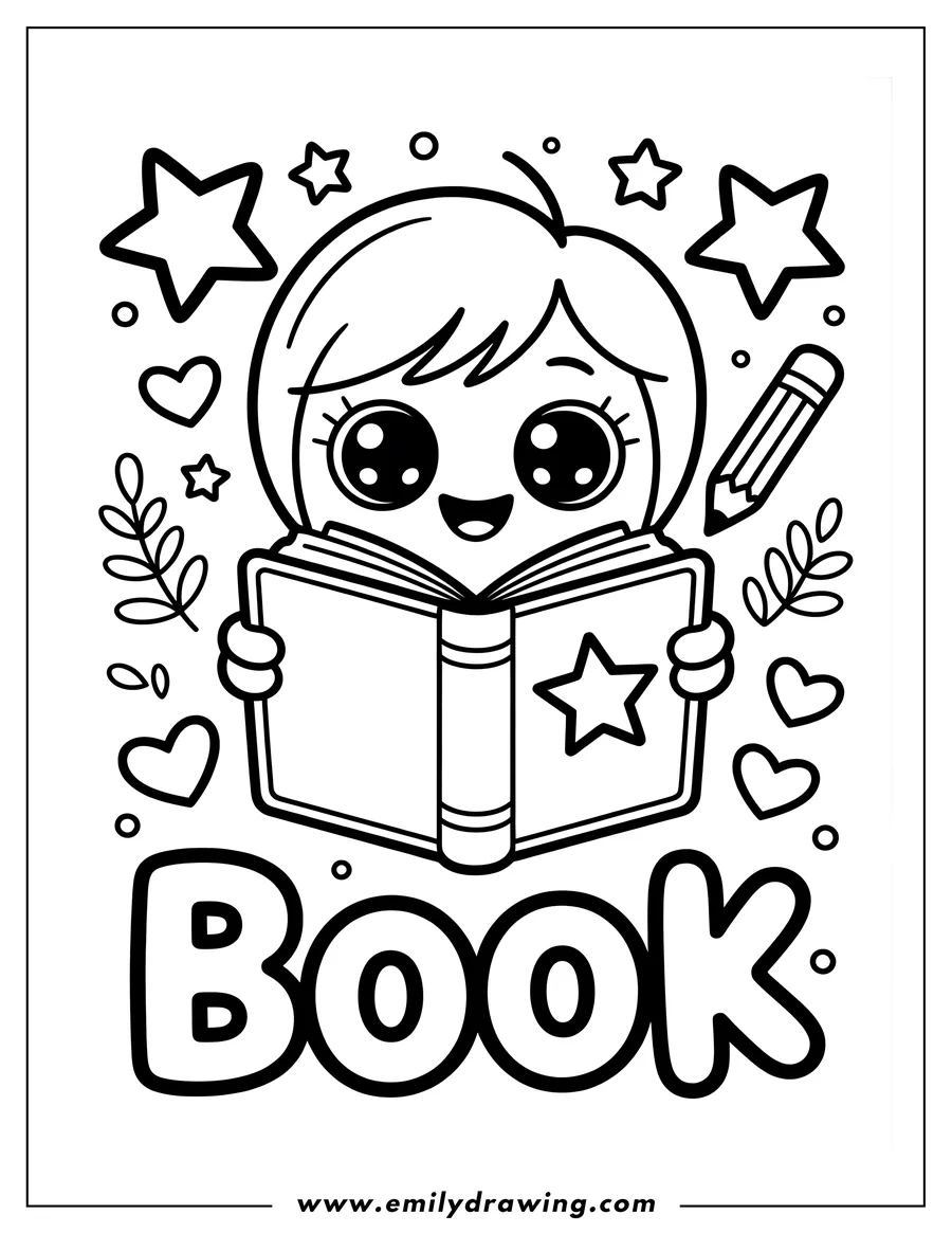 Line art of a child reading an open book with a star on the cover. Surrounding the child are stars, hearts, a pencil, and decorative leaves.