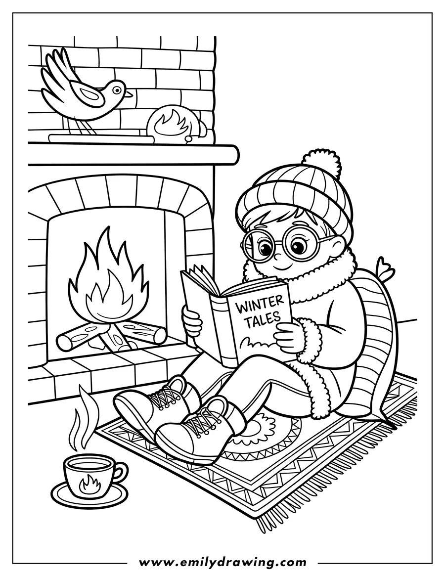 Outline of a child sitting by a fireplace reading a book called 'Winter Tales', with a warm drink nearby.