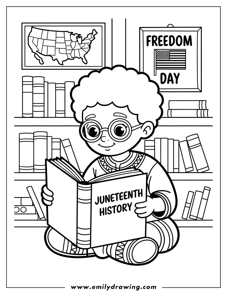 Line art of a child sitting cross-legged and reading a book titled 'Juneteenth History'. A map of the United States and a 'Freedom Day' poster are visible on the wall behind the child, and bookshelves are on either side.