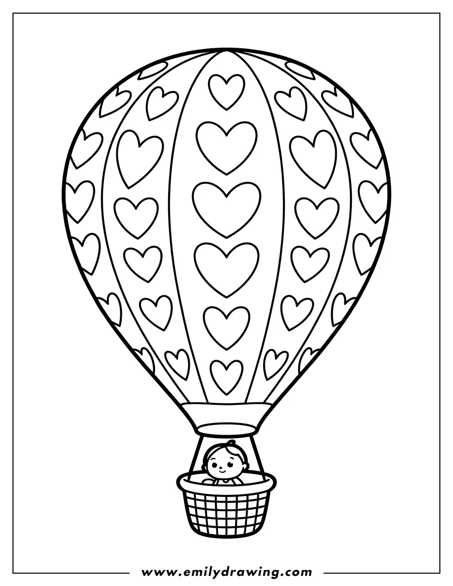 Outline of a child riding in the basket of a hot air balloon decorated with hearts.
