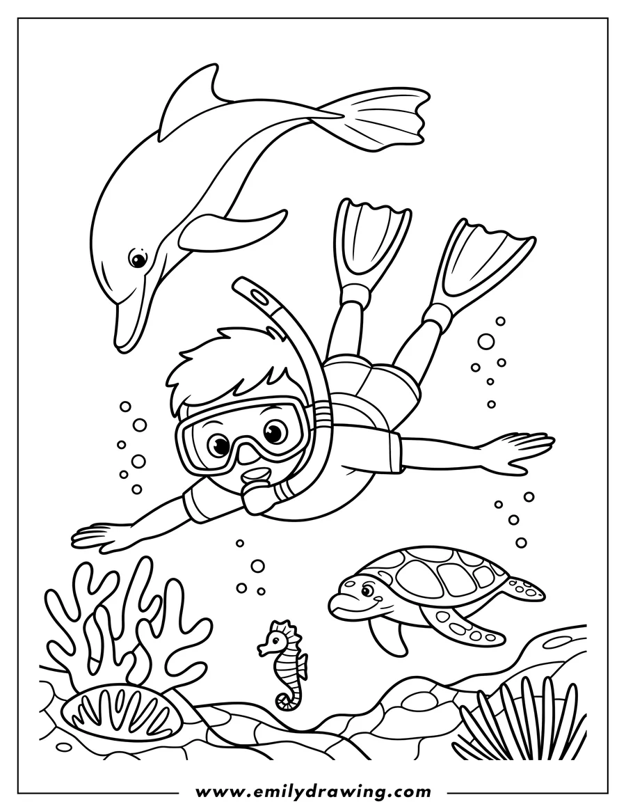 Line art of a child scuba diving underwater with a sea turtle, dolphin, and seahorse. Coral and other underwater plants are also visible.