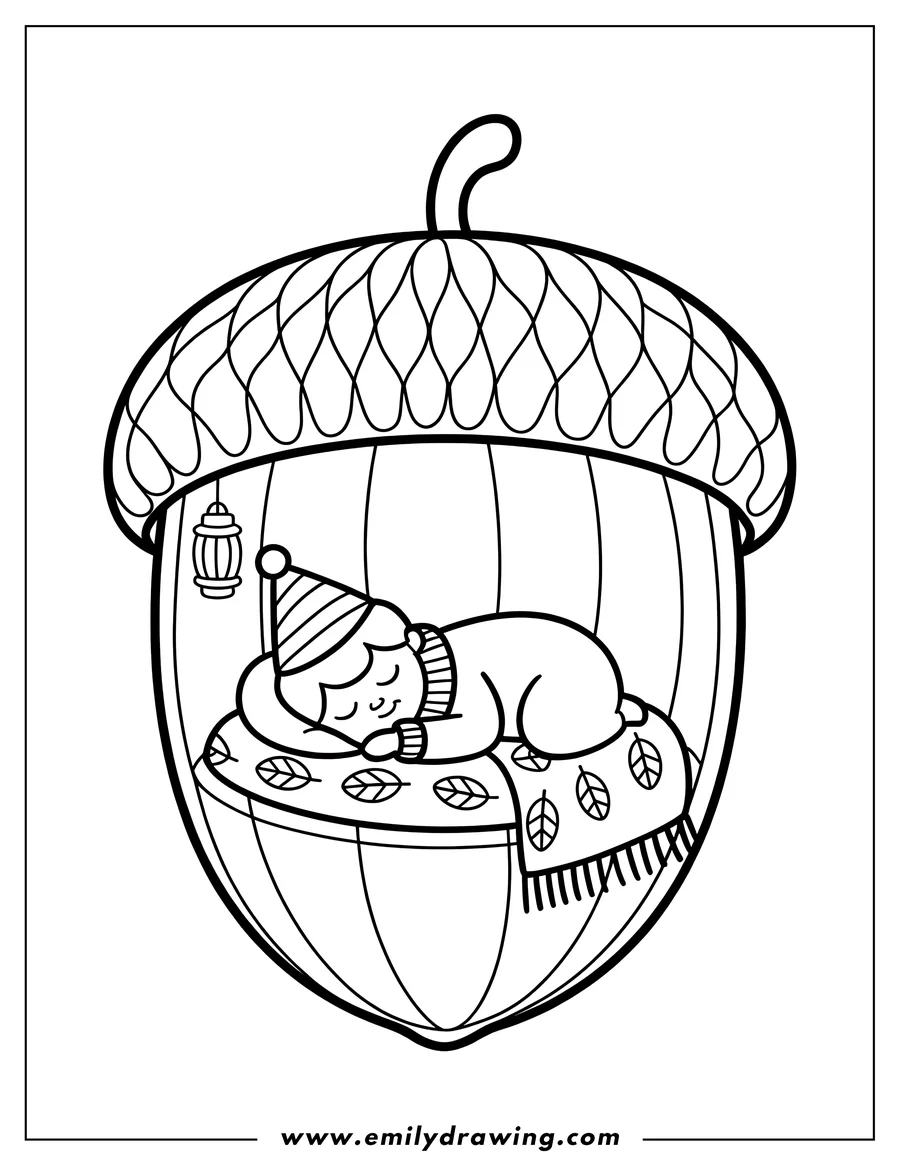 Outline of a child sleeping soundly inside a large acorn, wearing a striped hat and cozy sweater.