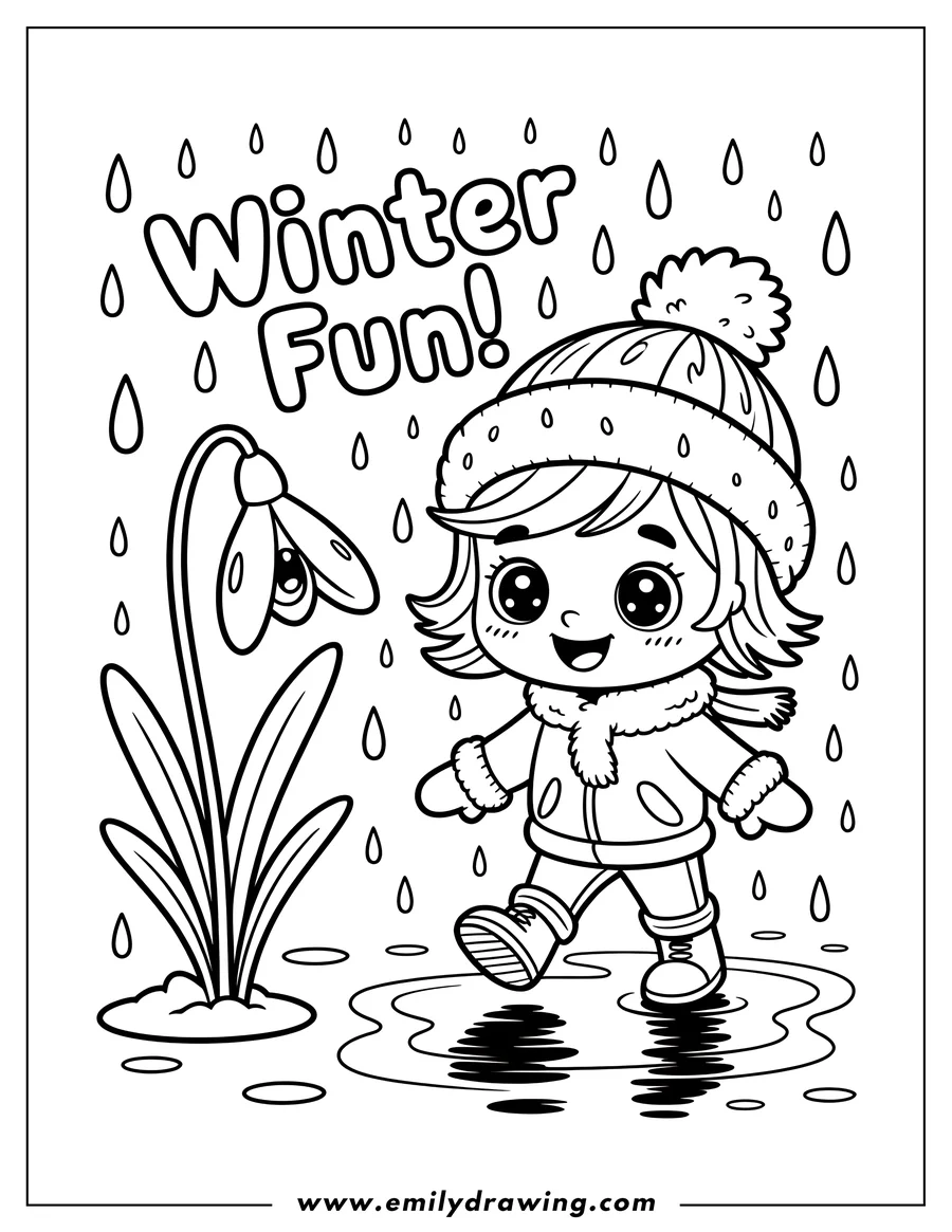 Line art of a young child happily walking through rain puddles near a snowdrop flower. The child wears warm winter clothing, including a hat, coat, and boots.