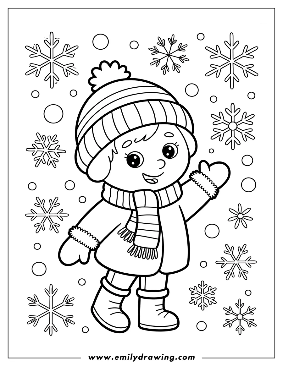 Outline of a child wearing winter clothes, including a hat, scarf, mittens, and boots, with snowflakes in the background.