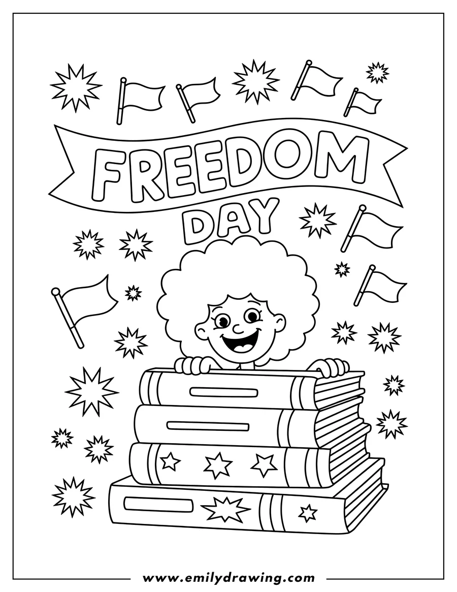 Line art of a child with big curly hair peeking over a stack of books. A banner above proclaims 'Freedom Day', surrounded by small flags and starbursts.