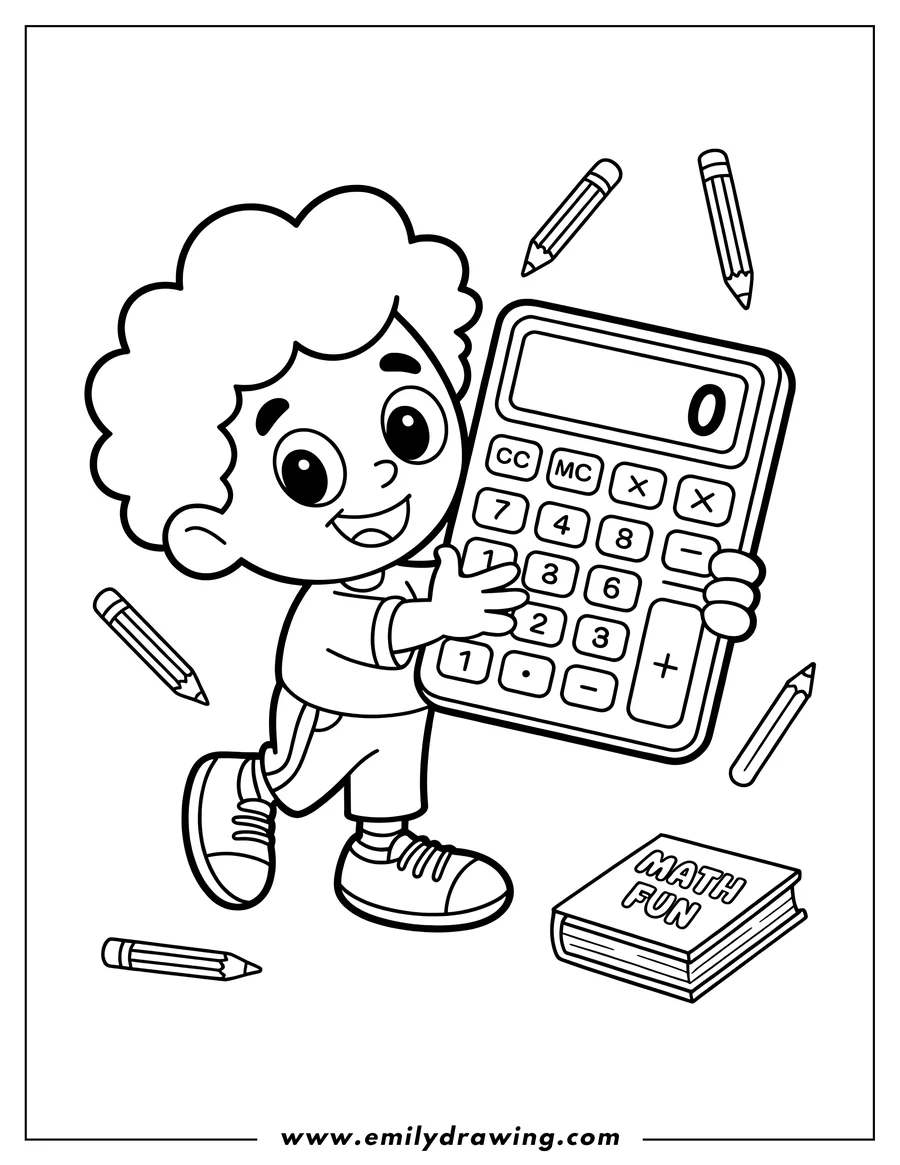 Line art of a child holding a large calculator with a math book nearby. Several pencils are scattered around them.