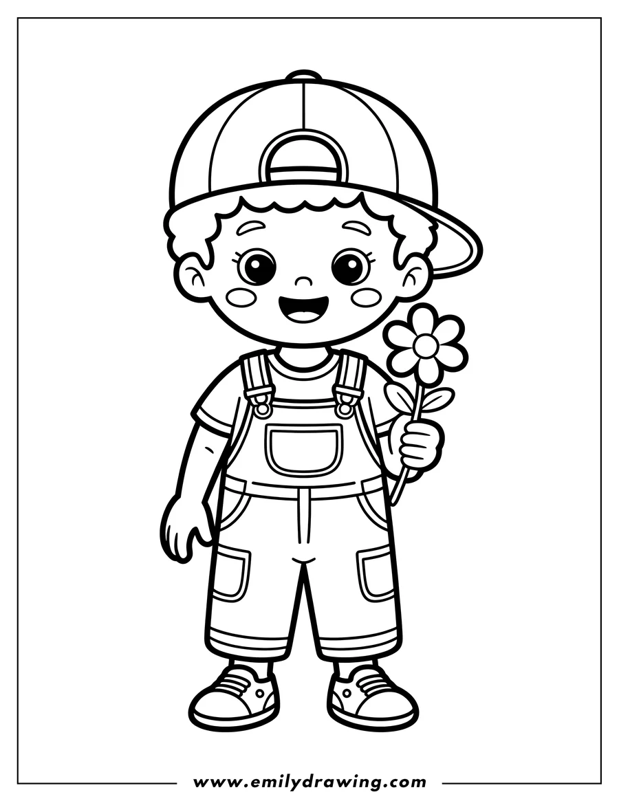 Line art of a child wearing overalls and a baseball cap, holding a flower.