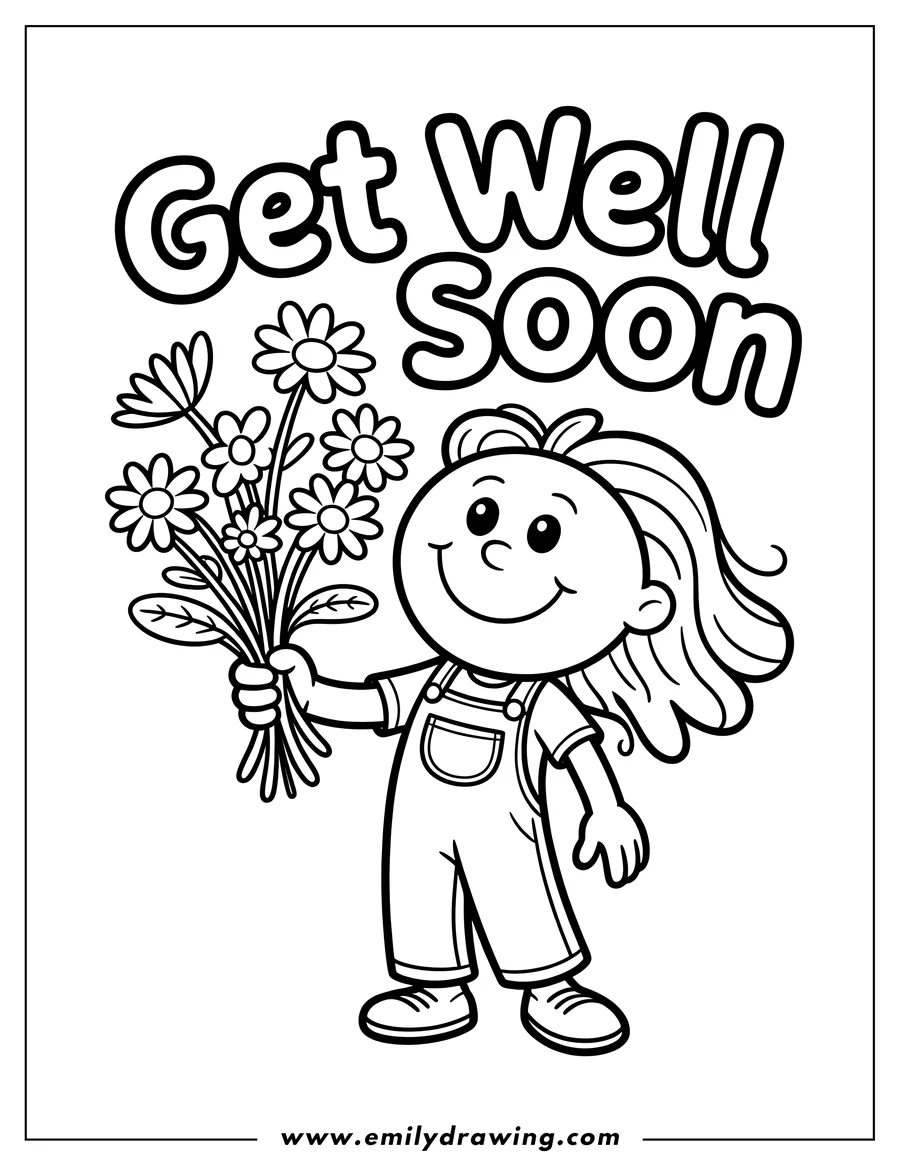 Line art of a child holding a bouquet of flowers with the words 