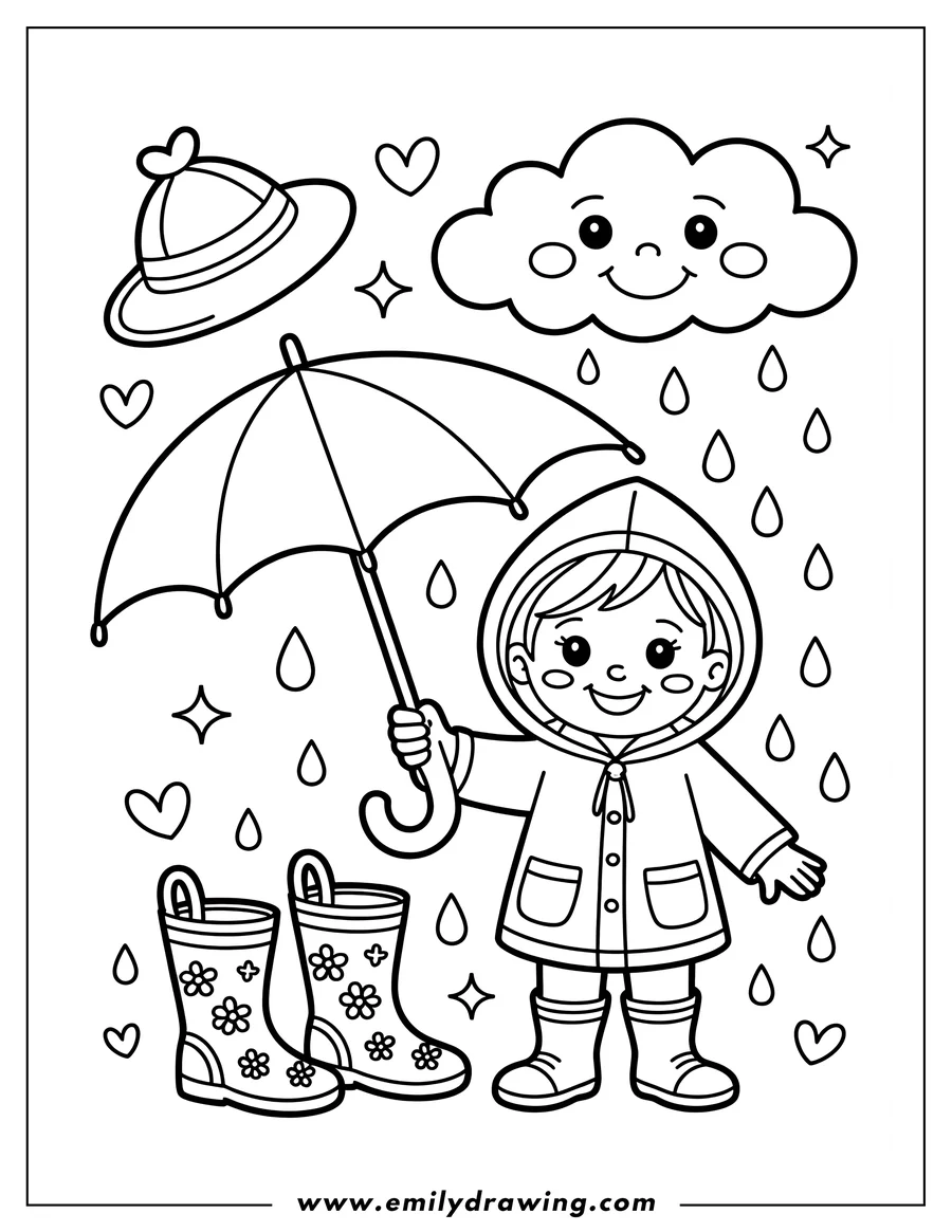 Line art of a child wearing a raincoat and boots, holding an umbrella in the rain. A pair of rainboots and a rain hat are also included in the image.