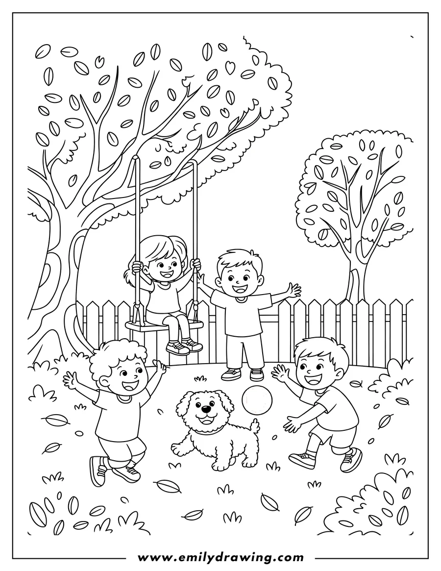Line art of children and a dog playing together in a backyard. One child swings from a tree while the other two children play with a ball, accompanied by a playful dog.