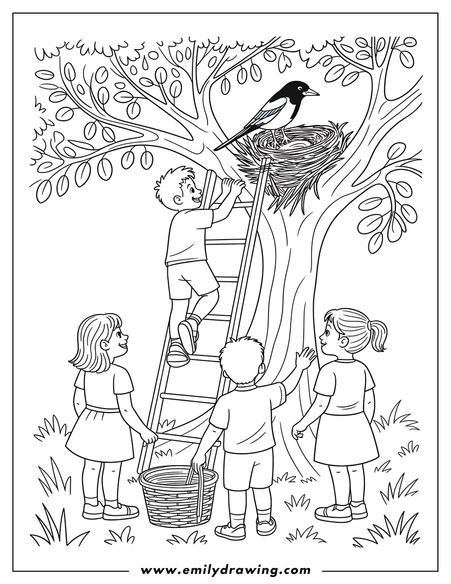 Line art of three children observing a magpie in its nest high in a tree. One child climbs a ladder for a closer look.