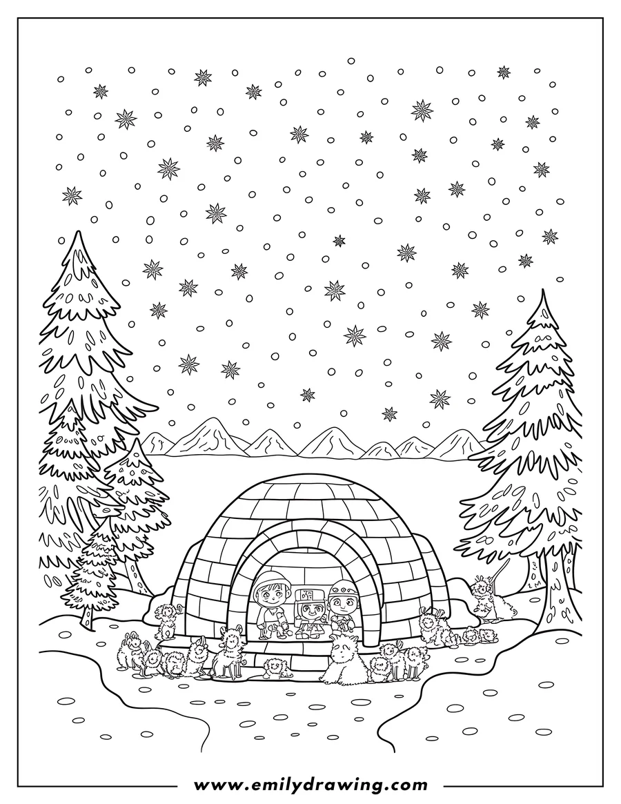 Line art of children inside an igloo with muskox gathered outside. Snow is falling around pine trees and mountains in the background.