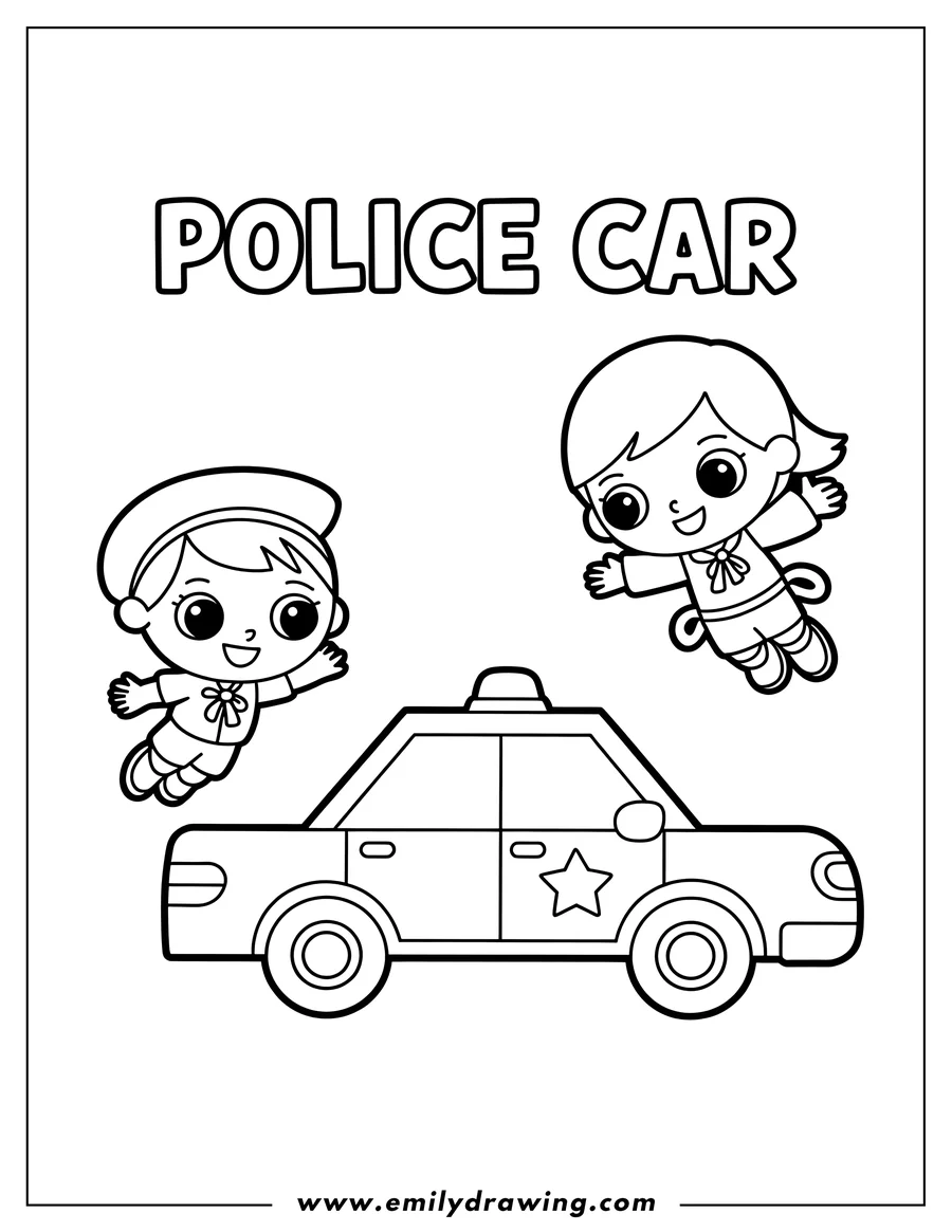 Outline of two children and a police car. The children appear to be dressed in police-style outfits.