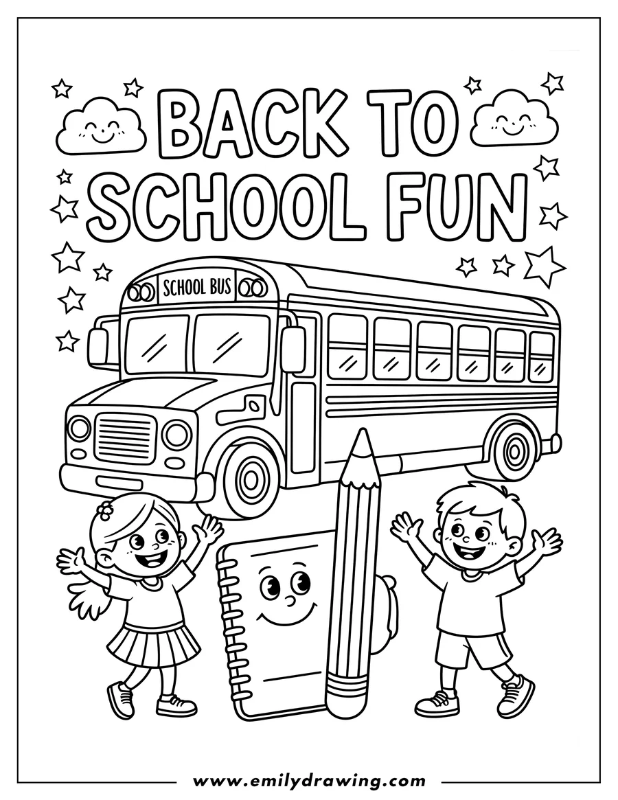 Line art of two cheerful children, a girl and a boy, with a school bus, notebook, and pencil. The words 'Back to School Fun' appear above the bus.
