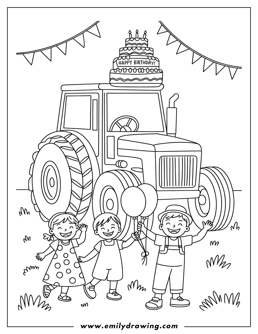 Outline of children celebrating with a tractor and a birthday cake on top. They are holding balloons and look very happy.