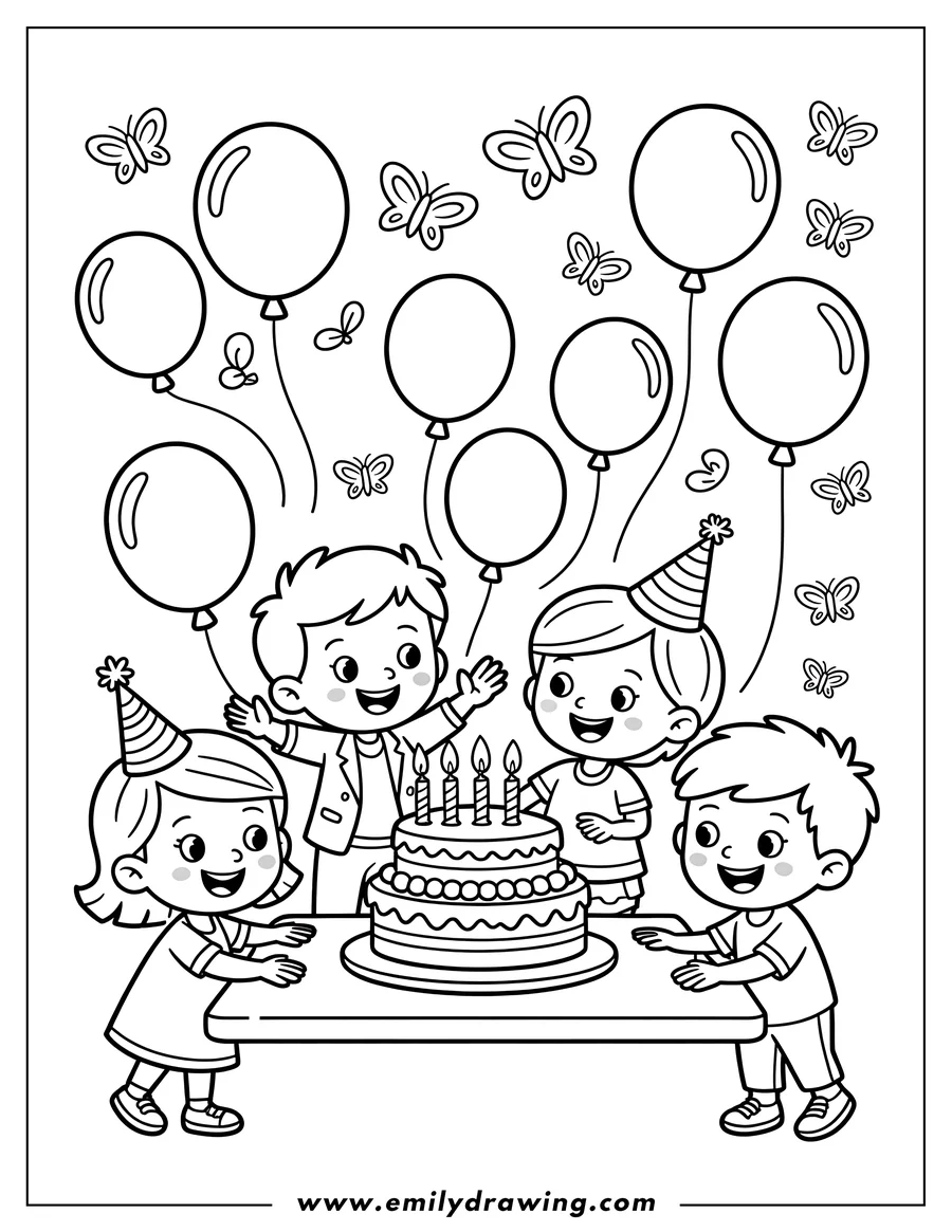 Outline of four children gathered around a birthday cake with candles, with balloons and butterflies decorating the scene.