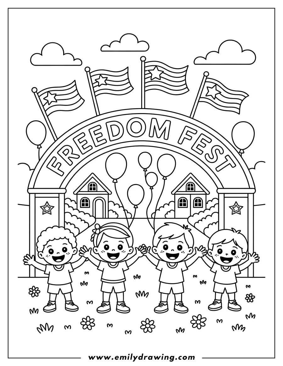 Line art of four children holding hands, smiling at a Freedom Fest celebration. The scene includes an arch with