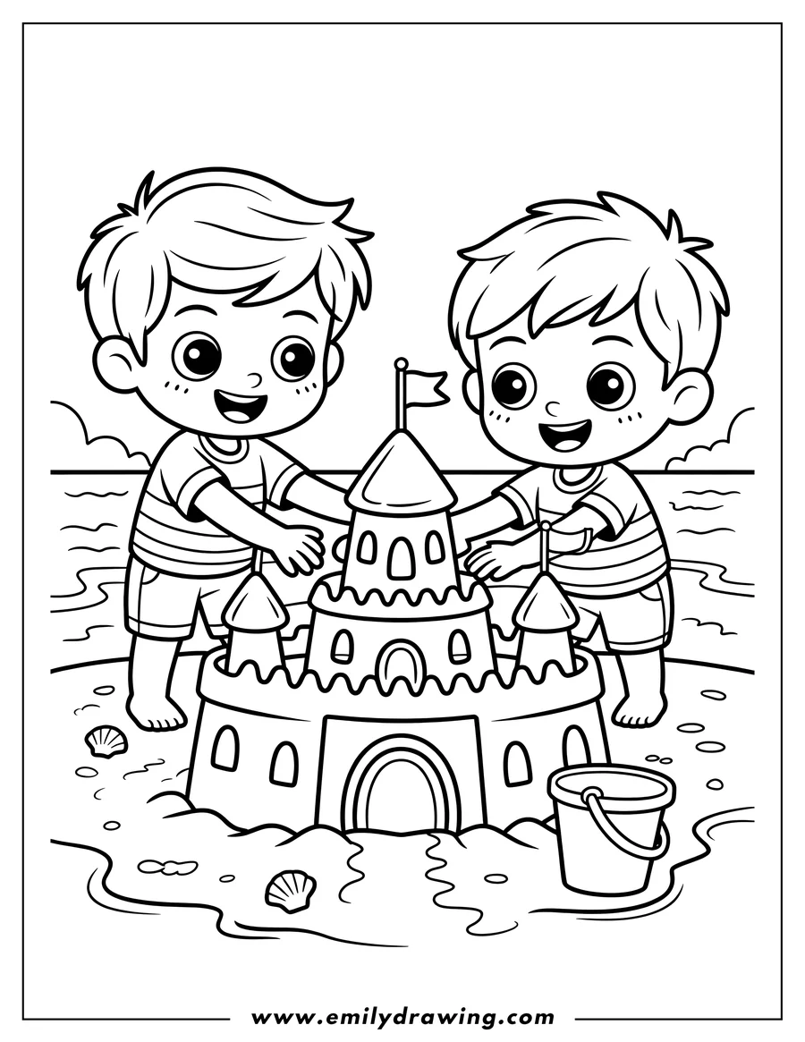 Two children building a sandcastle on the beach. The castle has multiple towers and a flag on top. A bucket sits nearby, and seashells are scattered around the base.