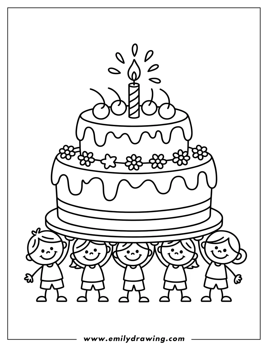 Outline of five children carrying a large two-tiered birthday cake with a candle, cherries, and flowers.