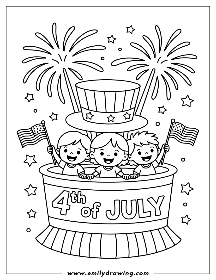 Three children celebrating the 4th of July with American flags and fireworks.