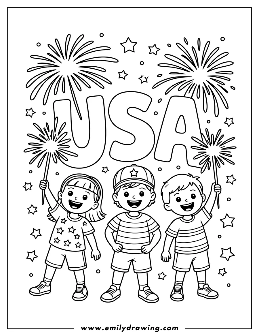 Line art of three children celebrating with fireworks and sparklers, with 'USA' in large letters behind them.