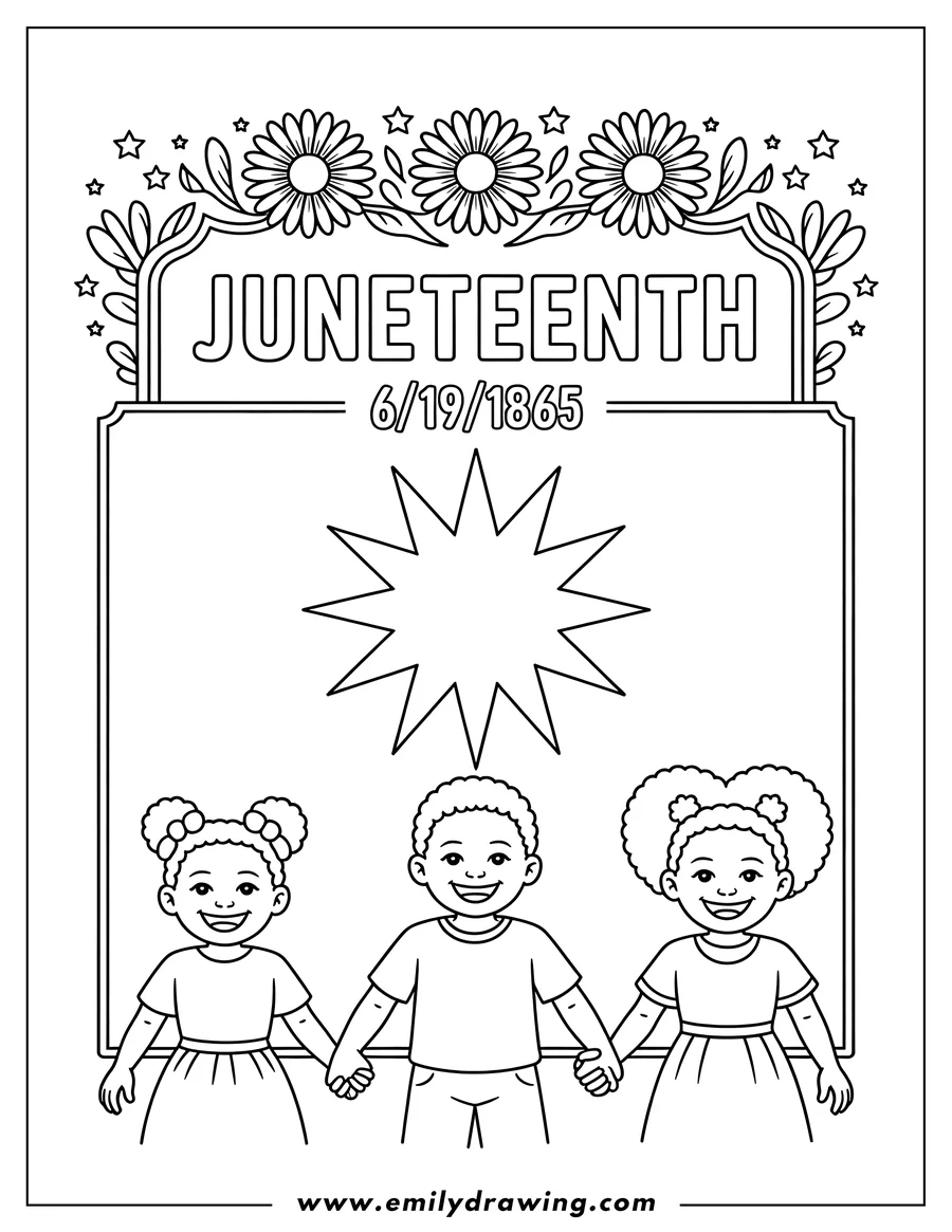 Line art of three children holding hands, celebrating Juneteenth. A stylized nova star and the date 6/19/1865 are displayed above them, framed by flowers and stars.