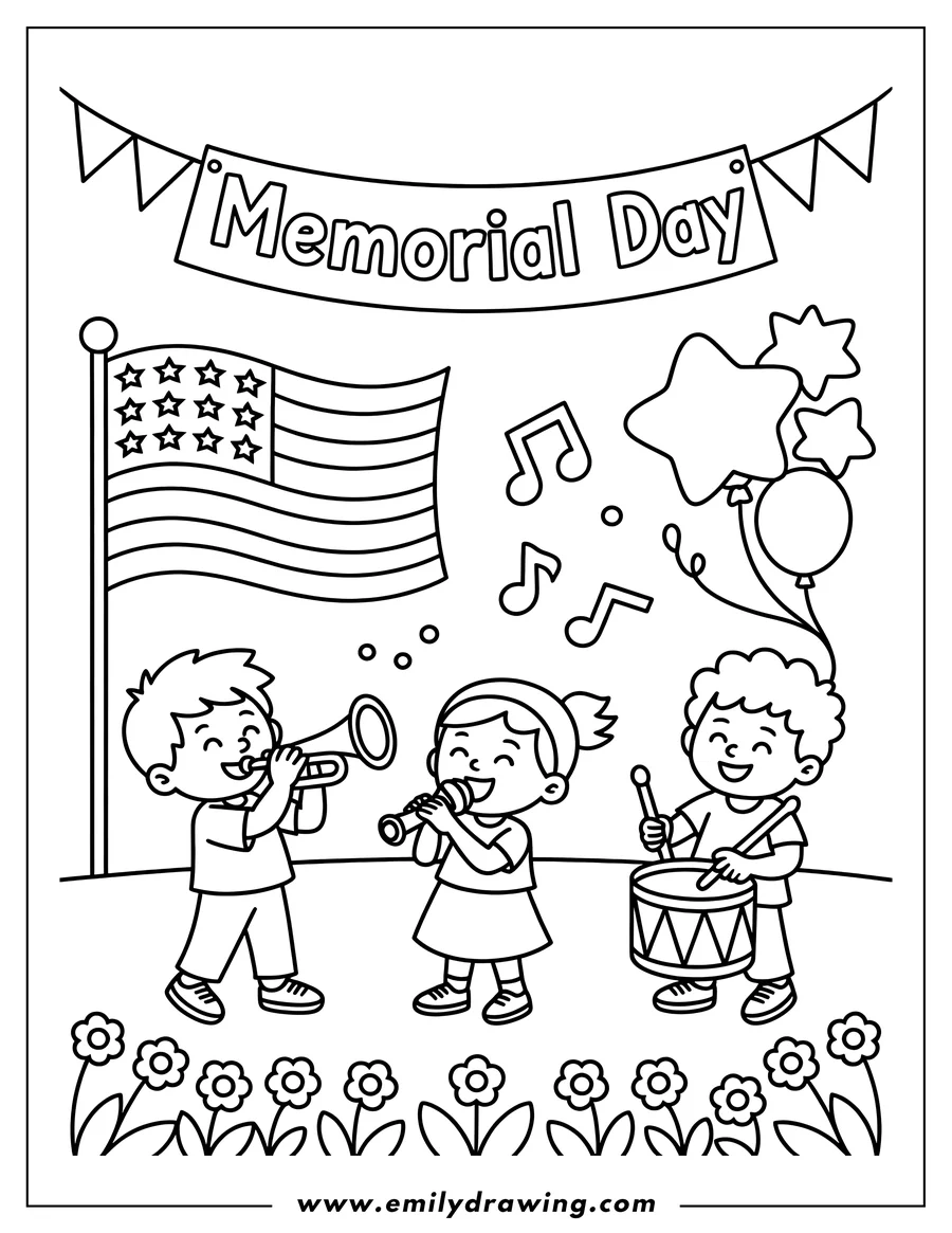 Line art of three children playing musical instruments celebrating Memorial Day. There is a US flag, balloons, and musical notes floating around them.