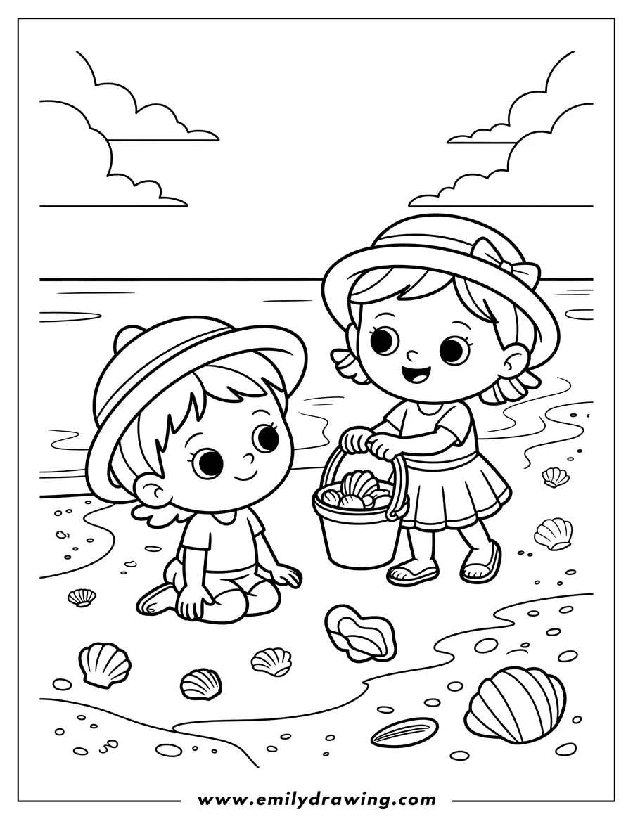 Two children collecting seashells on the beach. One child holds a bucket of seashells, while the other searches the sand.