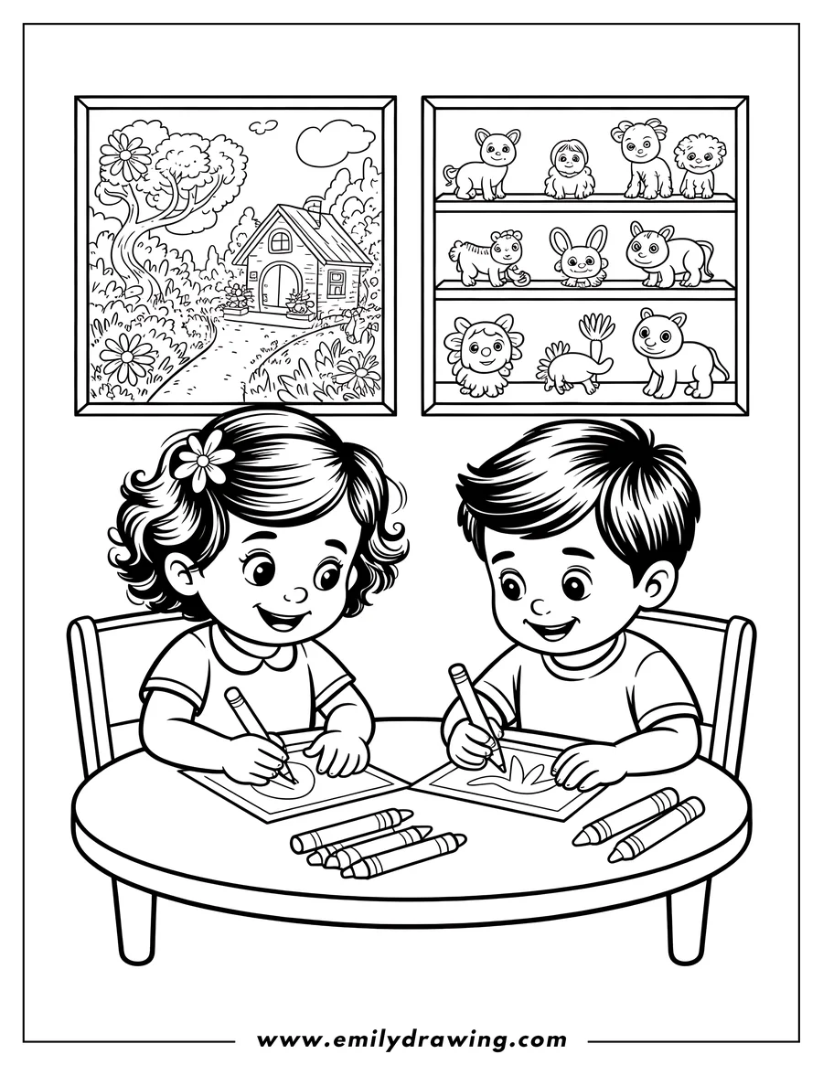 Outline of two young children sitting at a round table, drawing on paper with crayons. A framed picture of a house and a shelf with toys are visible in the background.