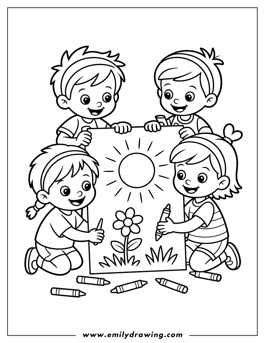 Four children drawing a flower and sun together using crayons.