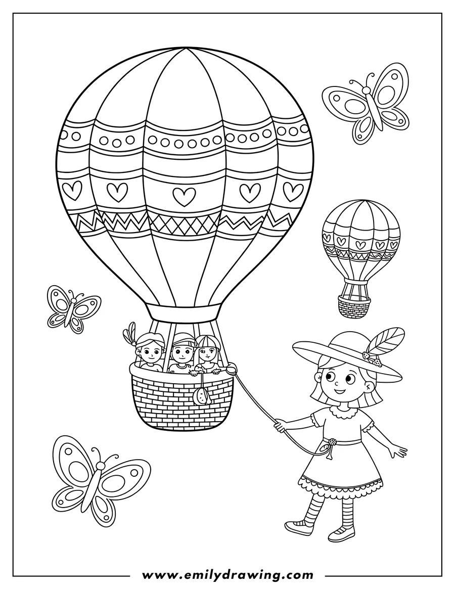 Line art of a girl holding the string of a hot air balloon carrying three children. Butterflies fly around the scene.