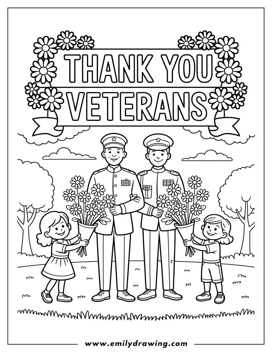 Two children giving bouquets of flowers to two veterans on Memorial Day. A 'Thank You Veterans' banner hangs above them.