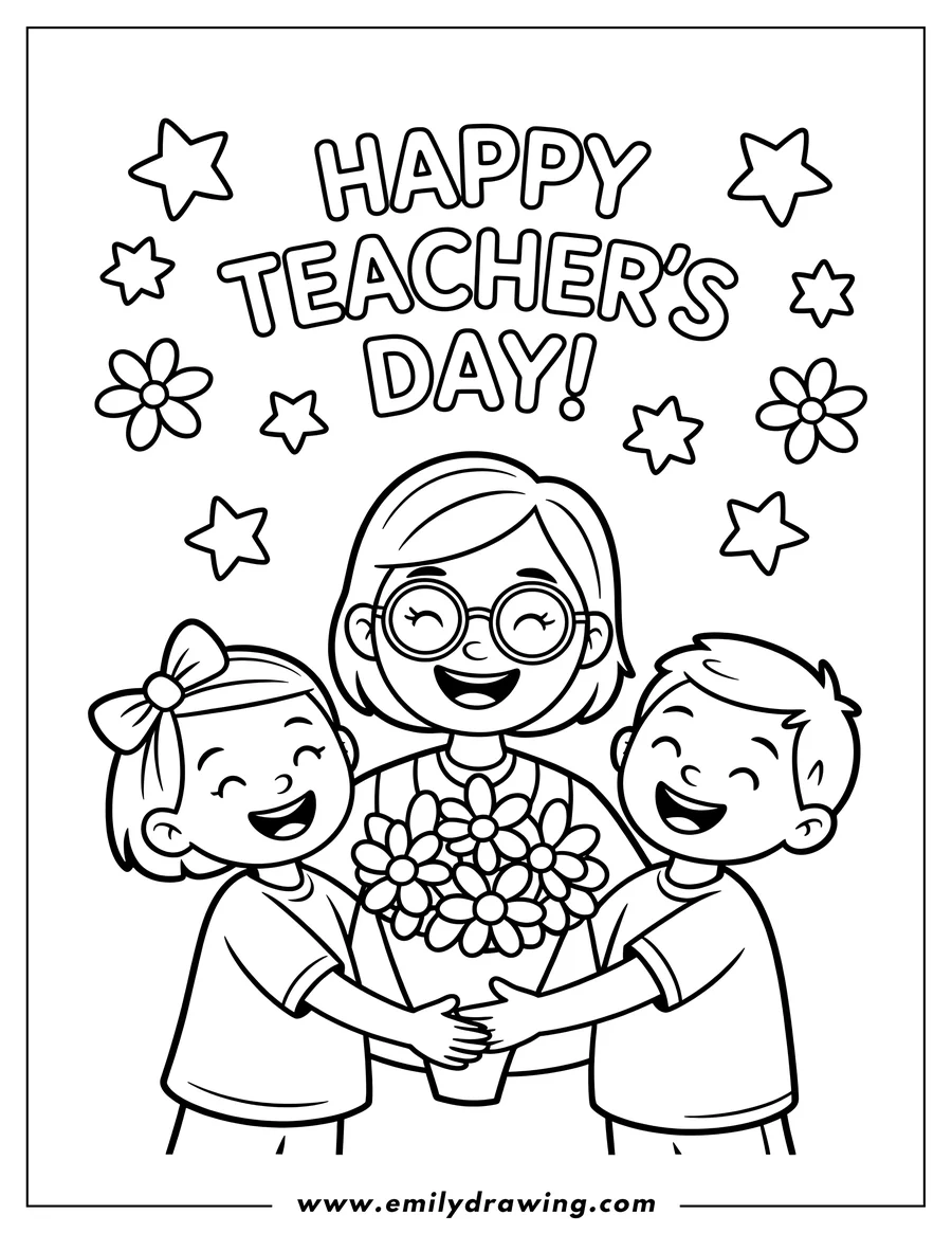 Line art of two children, a girl and a boy, giving their teacher a bouquet of flowers for Teacher's Day. The children and teacher have large smiles.