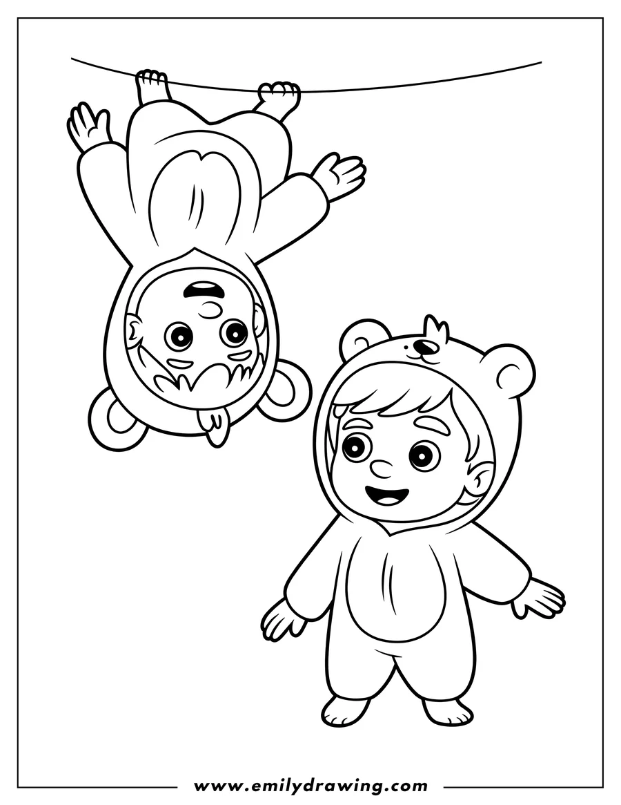 Outline of two children, one in a bear suit and the other in a monkey suit, hanging upside down from a line.