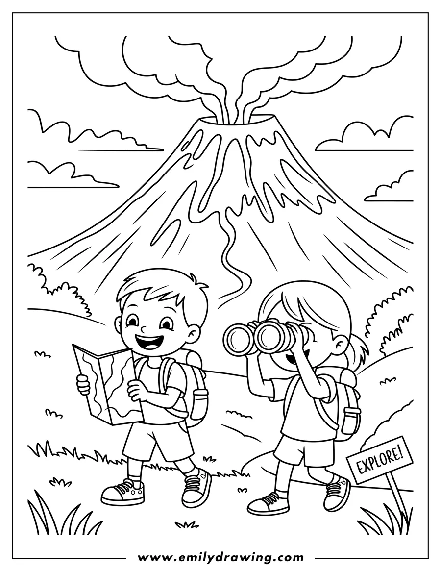 Line art of two children hiking near a smoking volcano. One child holds a map, while the other looks through binoculars. An 'Explore!' sign is posted nearby.