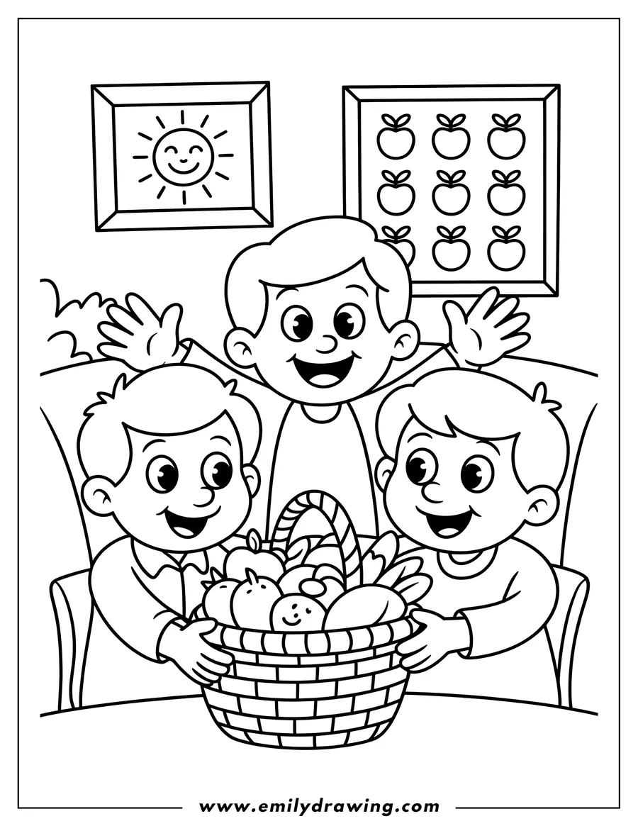 Outline of three cheerful children holding a woven basket filled with various fruits and vegetables. Pictures of a smiling sun and apples hang on the wall behind them.
