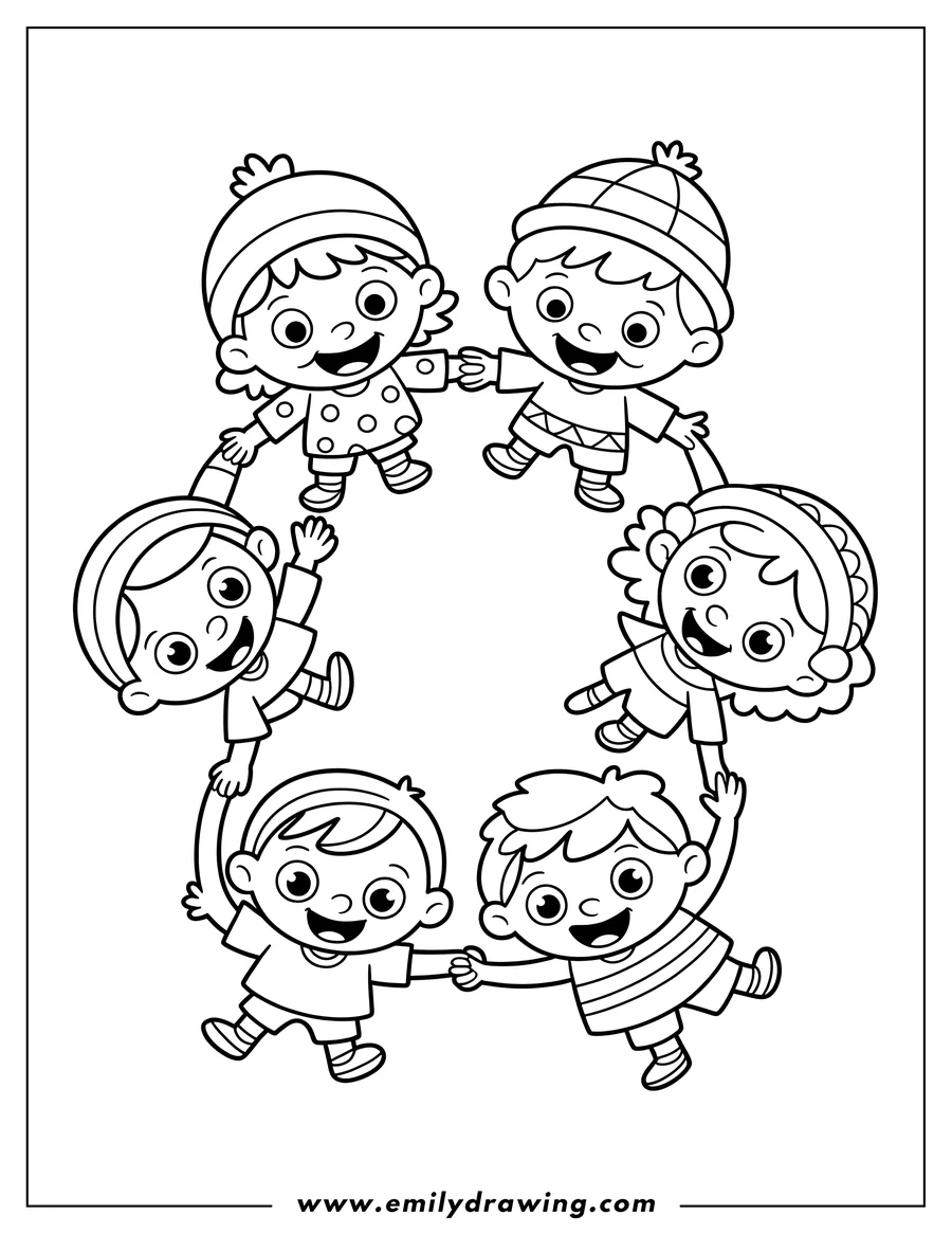 Line art of a group of happy children holding hands in a circle.