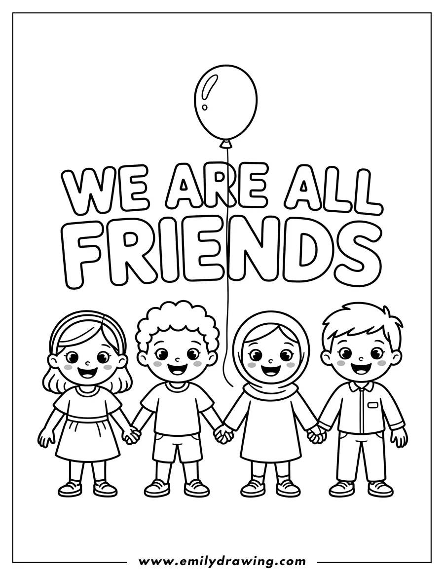 Four children holding hands and smiling, with the words 'We Are All Friends' above them.