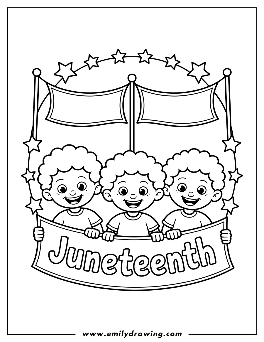 Three children holding a Juneteenth banner decorated with stars.