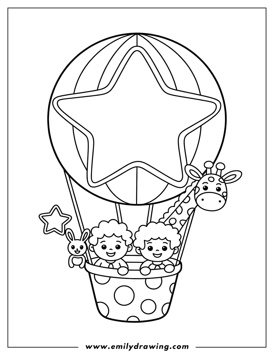 Two children riding in a star-shaped hot air balloon with a plush bunny and giraffe.
