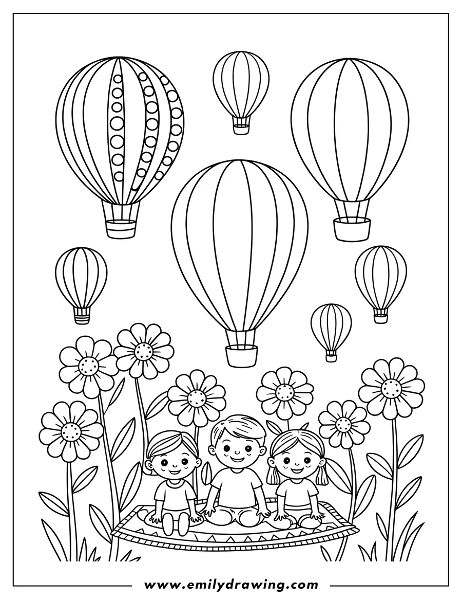 Outline of three children sitting on a blanket surrounded by large flowers, with several hot air balloons floating above them.
