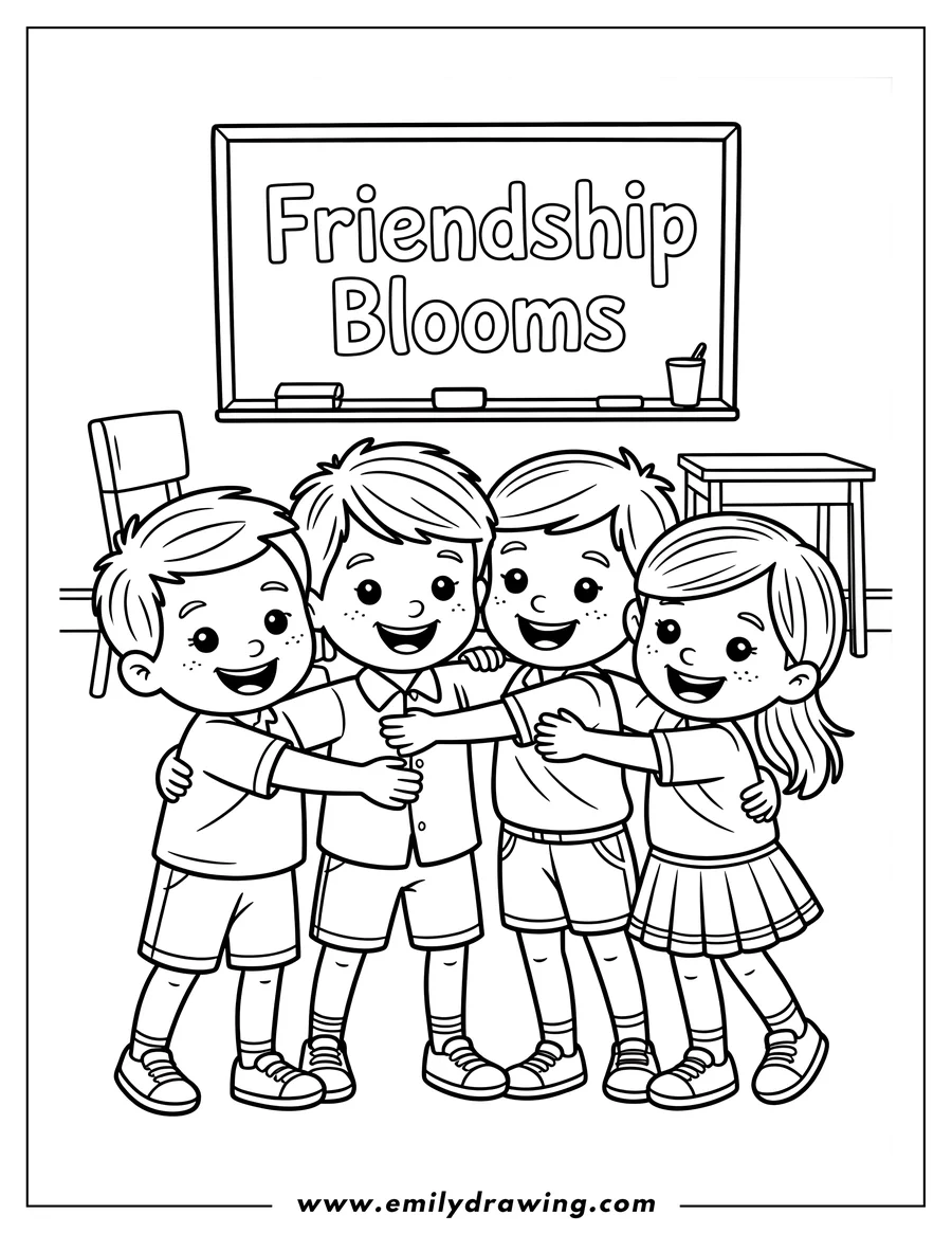 Line art of four children hugging in a classroom. A chalkboard with the words 'Friendship Blooms' is visible in the background.