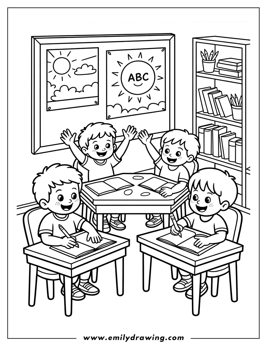 Line art of six children sitting at desks in a classroom, ready to learn. The classroom has bookshelves, a globe, and a window with curtains.