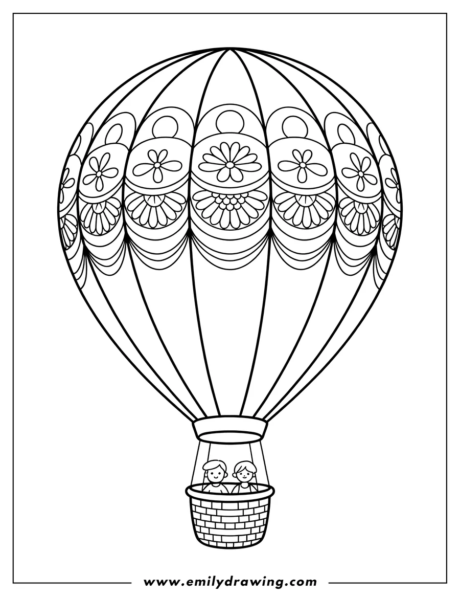 Line art of two children riding in a hot air balloon basket. The balloon is decorated with a floral pattern.