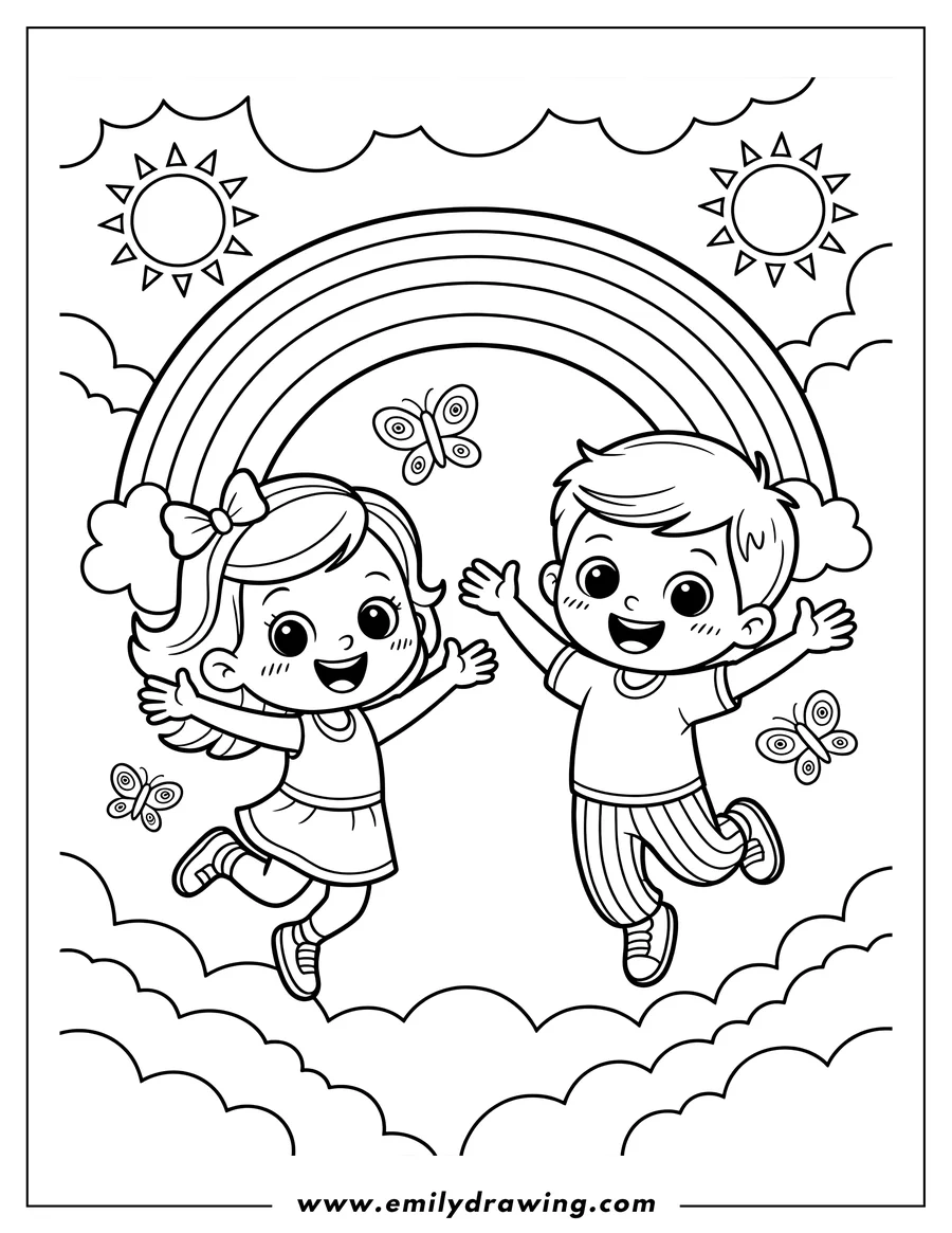 Line art of a girl and boy jumping with outstretched arms by a rainbow, with fluffy clouds and butterflies