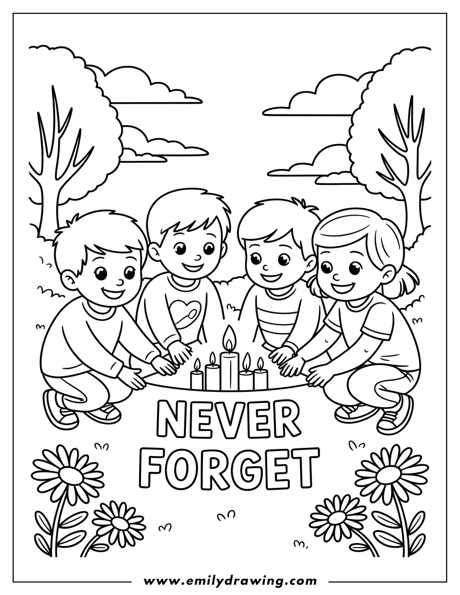 Line art of four children kneeling around lit candles, commemorating Juneteenth with the words 'Never Forget'.