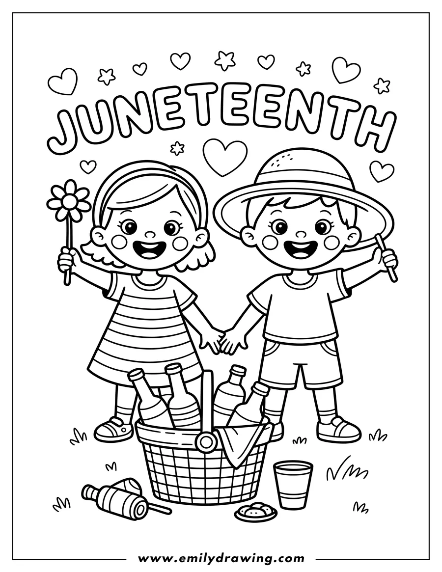 Line art of two children celebrating Juneteenth. They hold a flower and noisemaker, standing near a picnic basket with food and drinks.